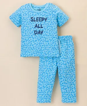 Doodle Poodle 100% Cotton Half Sleeves Night Suit Text Print- Blue
