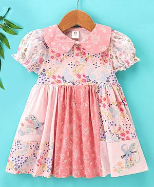 ToffyHouse Single Jersey Knit Half Sleeves Floral Print Frock - Pink