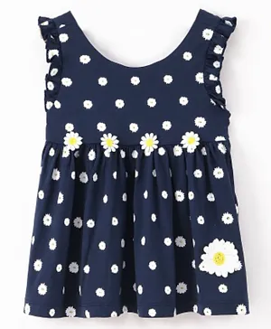 ToffyHouse Cotton Sleeveless Frock Floral Embroidery- Navy Blue