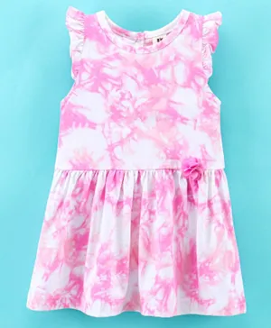 ToffyHouse Cotton Sleeveless Tie Dye Frock with Floral Applique - Pink