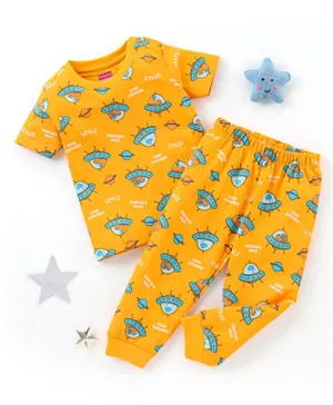 Babyhug Cotton Knit Half Sleeves Night Suit Spacecraft Print - Yellow