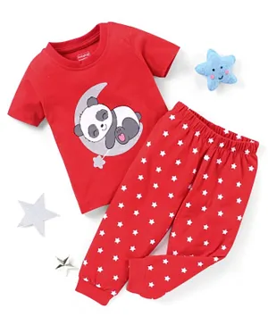 Babyhug Cotton Knit Half Sleeves Night Suit Panda & Stars Print - Red