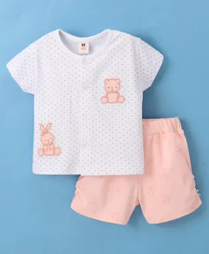 ToffyHouse Polka Dots Printed Top & Shorts Set Teddy Patch - White & Peach