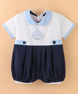 ToffyHouse 100% Cotton Half Sleeves Romper Boat Embroidery- Navy Blue & White