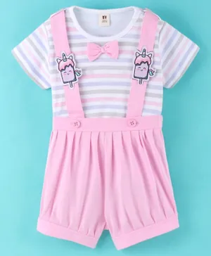 ToffyHouse Half Sleeves Striped Tee & Dungaree Set Popsicle Embroidery- Pink