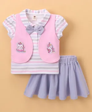 ToffyHouse Striped Top & Skirt Set Unicorn Embroidery- Pink