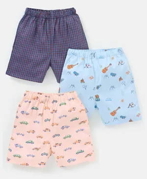 Babyhug Cotton Knit Boxers Checks & Cars Print Pack of 3 - Blue & Pink