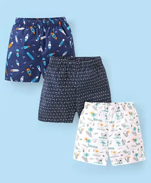 Babyhug Cotton Boxers Surfboard Print Pack of 3- Blue & White