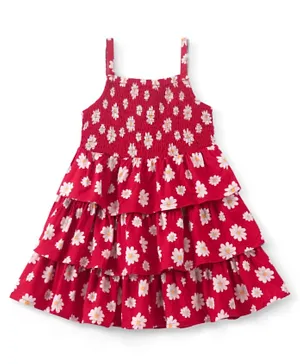 Babyhug Rayon Singlet Sleeves Fit & Flare Frock Floral Print- Red & Pink