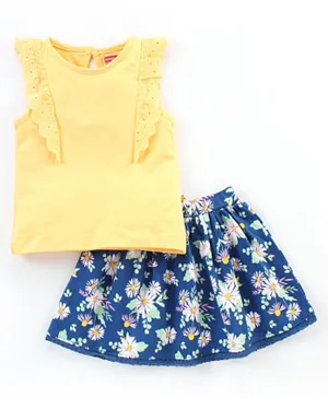 Babyhug Frill Sleeves Top & Floral Print Skirt - Yellow & Blue