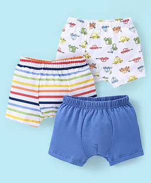 Babyhug 100% Cotton Car Printed Trunk Pack of 3 - White & Blue