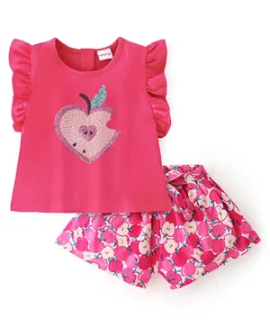 Babyhug 100% Cotton Knit Half Sleeves Top with Shorts Sequin Embellished & Apple Print - Dark Pink