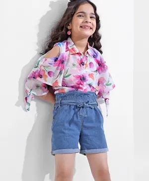 Ollington St. Georgette Half Sleeves Floral Print Shirt & Elasticated Denim Shorts with Self Fabric Belt - White & Indigo