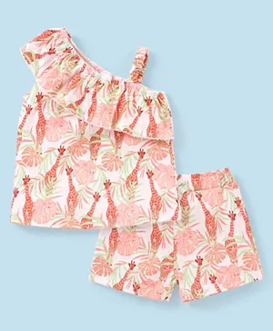 Babyhug Frill Detailing Giraffe Print Top & Shorts - Off White & Pink