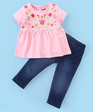 Babyhug 100% Cotton Half Sleeves Top & Denim Jeggings Set Floral Embroidery - Pink & Blue