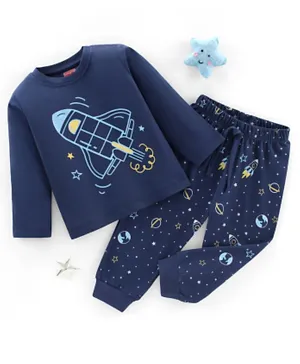 Babyhug Cotton Knit Full Sleeves Night Suit Space Shuttle Print - Navy