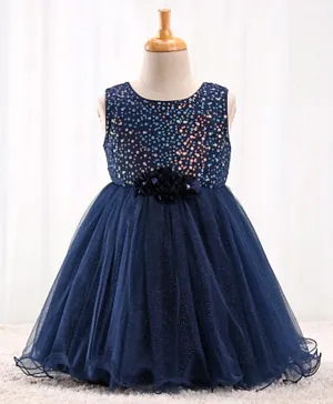 Babyhug Sleeveless Sequinned Party Frock With Floral Corsage- Navy Blue
