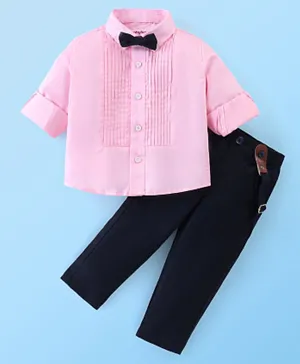 Babyhug 100% Cotton Full Sleeves Party Wear Shirt & Trouser Set With Suspenders & Bow- Pink & Navy