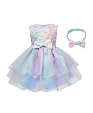 Kookie Kids Front Bow Party Dress with Headband - Multicolor
