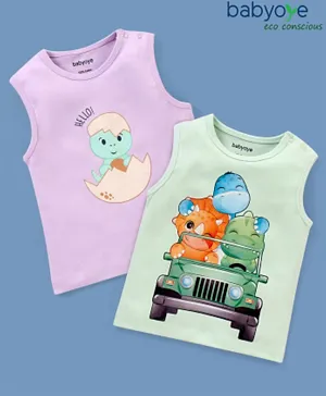 Babyoye 100% Cotton with Eco Jiva Finish Sleeveless Dino Print T-Shirts Pack of 2 - Green & Pink