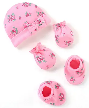 Babyhug 100% Cotton Knit Cap Mittens And Booties Floral Printed - Pink
