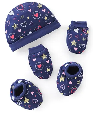 Babyhug Cotton Knit Cap Mittens & Booties Set Heart Print - Blue
