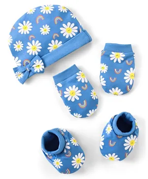 Babyhug 100% Cotton Cap Mittens & Booties Floral Print With Bow Applique - Blue