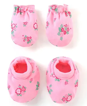 Babyhug 100% Cotton Knit Mittens & Booties Floral Print - Pink