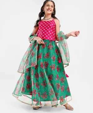 Pine Kids Sleeveless Choli & Lehenga With Dupatta Floral Print & Embroidery- Green & Pink
