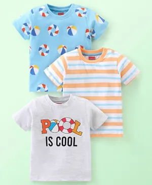 Babyhug Cotton Half Sleeves T-Shirt Stripes & Pool Print Pack of 3- Grey Orange & Blue