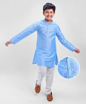 Pine Kids Viscose Full Sleeves Embroidered Kurta Pyjama Set- Turquoise