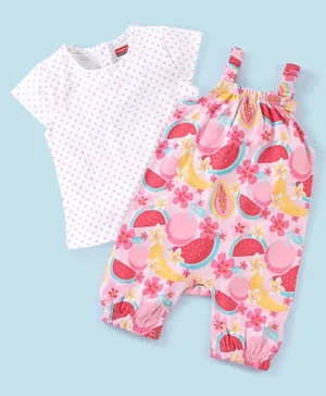 Babyhug 100% Cotton Knit Dungaree with Cap Sleeves Tee Set Floral & Fruity Print - Pink & White