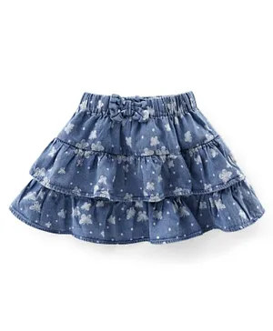 Babyhug Cotton Denim Mid Thigh Length Frill Skirt  Floral Print - Blue