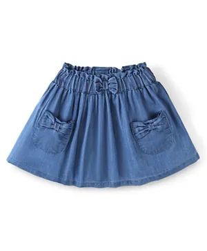 Babyhug 100% Cotton Mid Thigh Length Solid Color Denim Pleated Skirt with Bow Applique - Blue