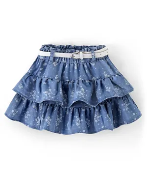 Babyhug Cotton Denim Mid Thigh Length Frill Skirt Floral Print - Blue
