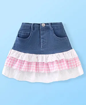 Babyhug 100% Cotton Mid Thigh Checkered Denim Skirt with Schifilli Detailing - Blue