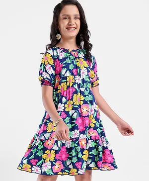 Pine Kids Rayon Three Forth Balloon Sleeves Frock Floral Print - Multicolour