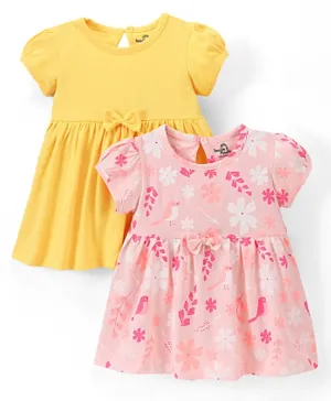 Doodle Poodle 100% Cotton Half Sleeves Frock Solid & Floral Print Pack Of 2 - Yellow & Pink