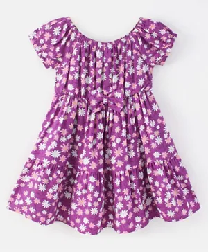 Babyhug Rayon Woven Short Sleeves Frock with Bow Floral Print - Lilac