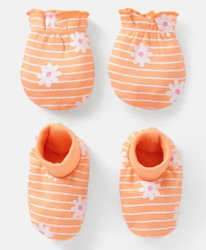 Babyhug 100% Cotton Mittens And Booties Floral Print - Orange