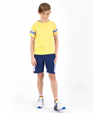 Ollington St. 100% Cotton Half Sleeves T-Shirt & Shorts Set Solid Color - Yellow & Navy Blue