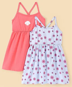 Doodle Poodle 100% Cotton Sleeveless Frock Floral Print Pack of 2- Blue & Pink
