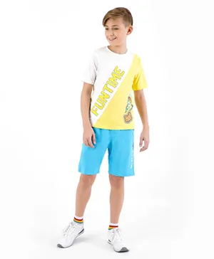 Ollington St. Half Sleeves Cut And Sew T-Shirt With Knitted Shorts- Yellow & Blue
