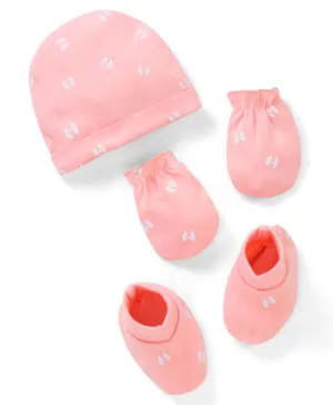 Doodle Poodle 100% Cotton Butterfly Printed Cap Mittens & Booties Set Pink -  Diameter 10 cm