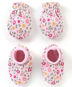 Babyhug 100% Cotton Floral print Mittens & Booties - Pink