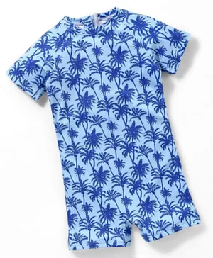 Babyhug Half Sleeves Legged Tree Print Swimsuit - Blue