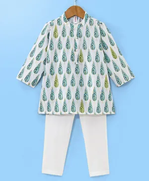 Babyhug 100% Cotton Woven Full Sleeves Kurta Pyjama Set Leaf Print - White