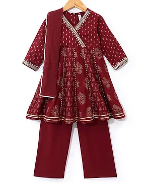Babyhug Rayon Three Fourth Sleeves Foil Printed Overlaped Kurti & Palazzo Set with Dupatta - Maroon