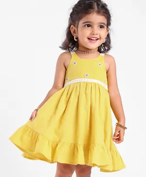 Babyhug Crinckled Cotton Sleeveless Ethnic Dress With Embroidery Detailing - Yellow
