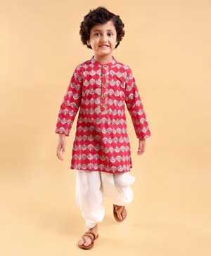 Babyhug 100% Cotton Woven Full Sleeves Printed Design Kurta & Dhoti Set - Red & White